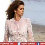 Barefaced Cindy Crawford Removes Bra in a White See-Through Dress